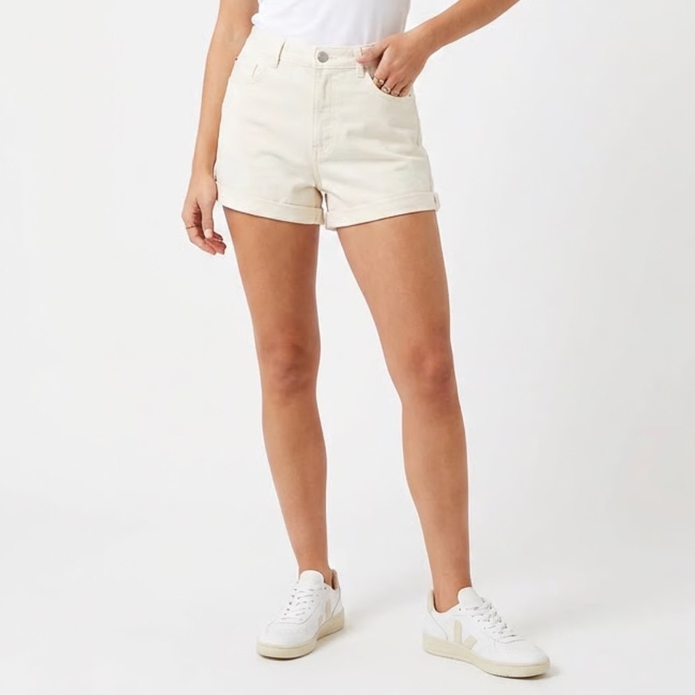 HM Womens White Denim Shorts Size 10 Rolled Cuff Stretch 5-Pocket